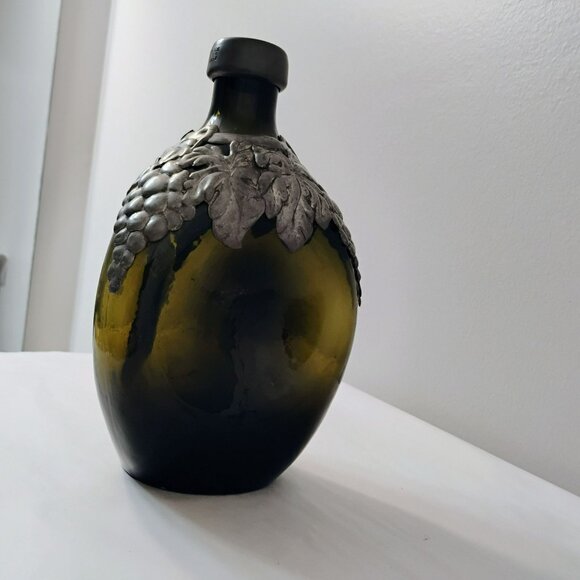 Antique Danish Topnoe Pewter Overlay & Green Glass Decanter Bottle No Stopper - Picture 8 of 8